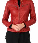 Women's red lambskin slim fit biker leather jacket