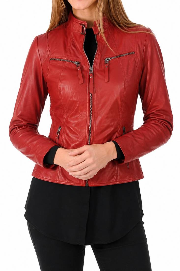 Women's red lambskin slim fit biker leather jacket