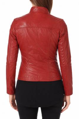 Women's red lambskin slim fit biker leather jacket 2
