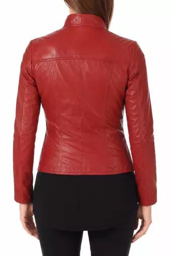 Women's red lambskin slim fit biker leather jacket