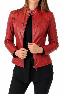 Women's red lambskin slim fit biker leather jacket 3