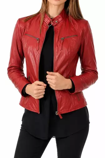 Women's red lambskin slim fit biker leather jacket