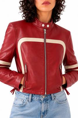 Women's red lambskin cafe racer leather biker jacket 1
