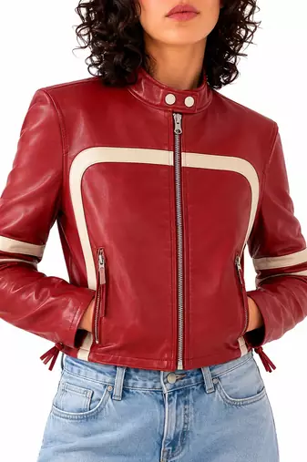 Women's red lambskin cafe racer leather biker jacket