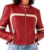 Women's red lambskin cafe racer leather biker jacket