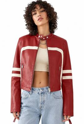 Women's red lambskin cafe racer leather biker jacket 2