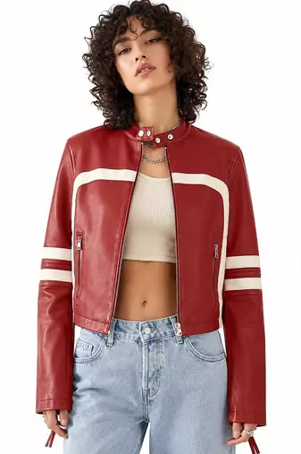 Women's red lambskin cafe racer leather biker jacket