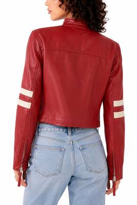 Women's red lambskin cafe racer leather biker jacket 3