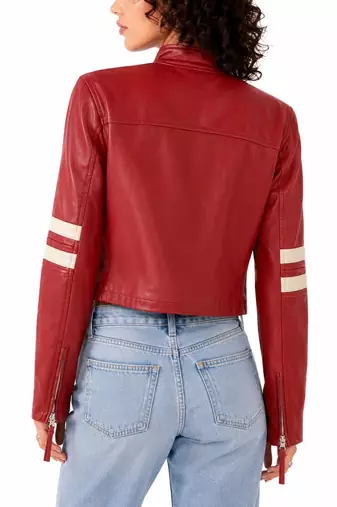 Women's red lambskin cafe racer leather biker jacket