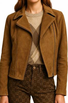 Women's brown genuine suede leather moto jacket 1