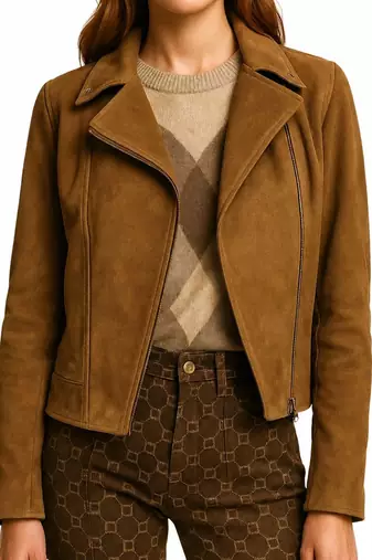 Women's brown genuine suede leather moto jacket