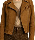 Women's brown genuine suede leather moto jacket