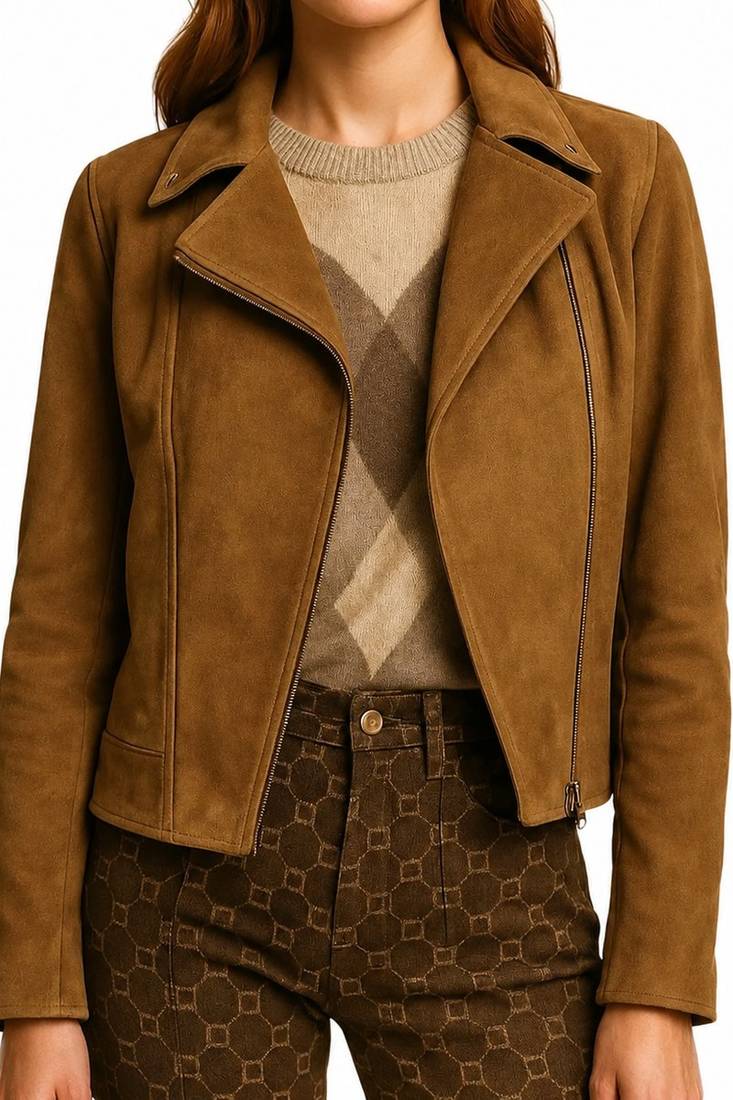 Women's brown genuine suede leather moto jacket