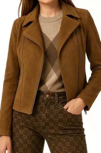 Women's brown genuine suede leather moto jacket