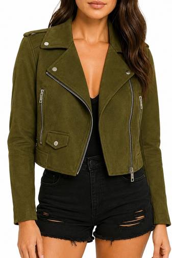 Women's olive green lambskin leather biker jacket