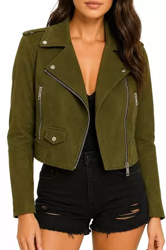 Women's olive green lambskin leather biker jacket