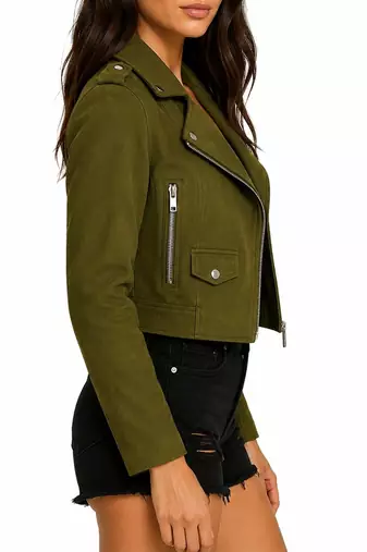 Women's olive green lambskin leather biker jacket