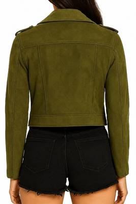 Women's olive green lambskin leather biker jacket 3