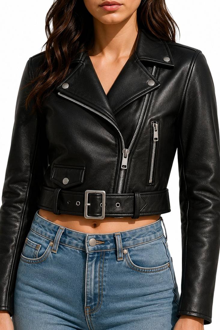 Women's black lambskin leather belted biker jacket