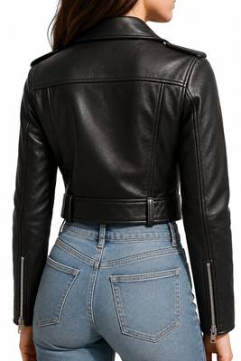 Women's black lambskin leather belted biker jacket 2