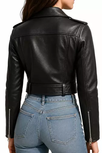 Women's black lambskin leather belted biker jacket