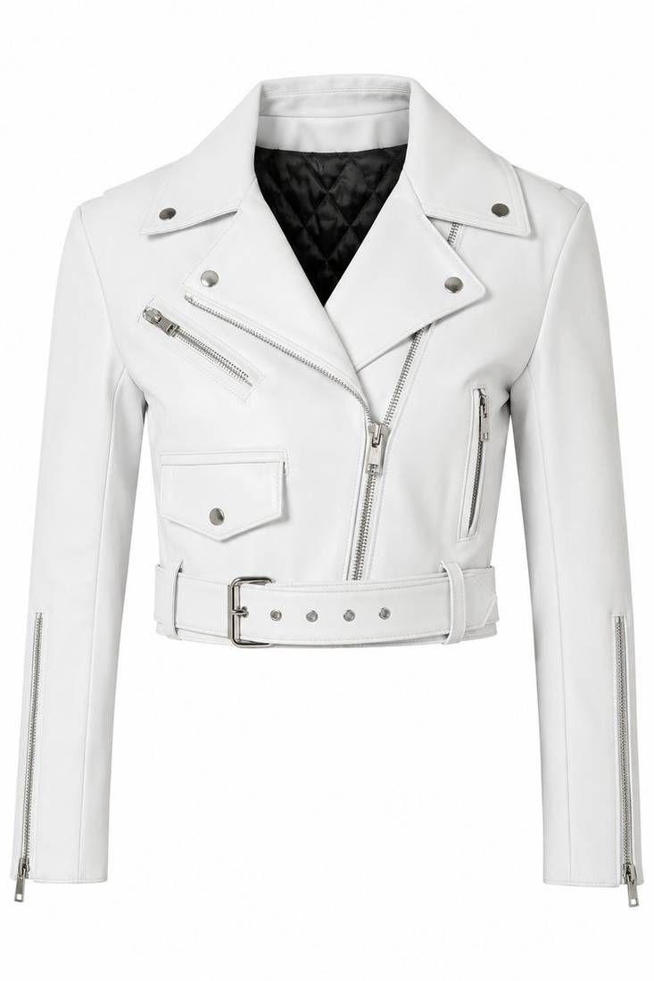 Women's white lambskin leather moto jacket