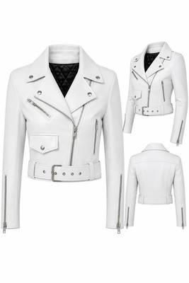Women's white lambskin leather moto jacket 4