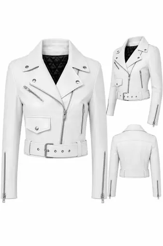 Women's white lambskin leather moto jacket