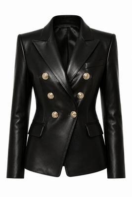 Women's black double breasted leather blazer coat jacket 1