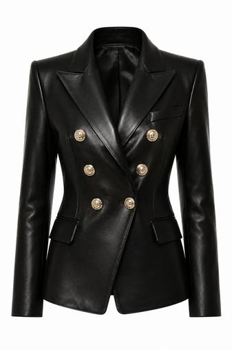 Women's black double breasted leather blazer coat jacket