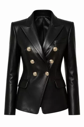 Women's black double breasted leather blazer coat jacket