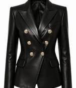 Women's black double breasted leather blazer coat jacket
