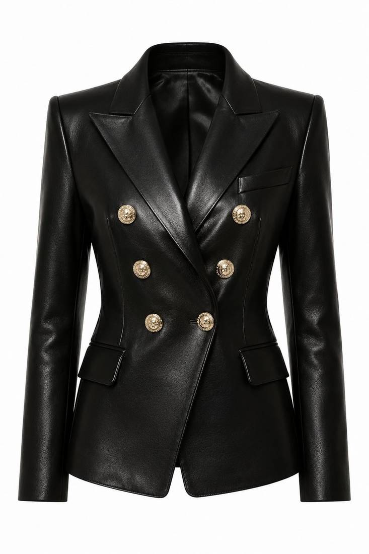 Women's black double breasted leather blazer coat jacket