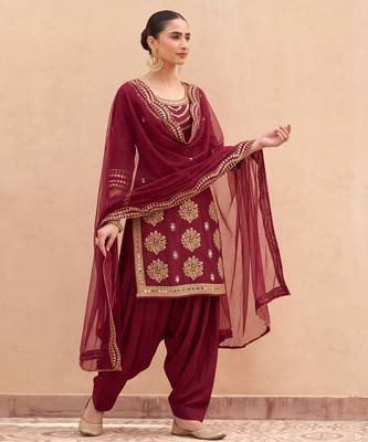 MAROON SILK BLEND PATIYALA SALWAR SUIT COLLECTION SEMI STTICHED MATERIAL 1