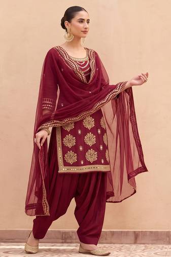 MAROON SILK BLEND PATIYALA SALWAR SUIT COLLECTION SEMI STTICHED MATERIAL