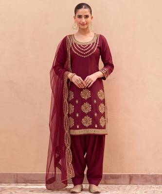 MAROON SILK BLEND PATIYALA SALWAR SUIT COLLECTION SEMI STTICHED MATERIAL 2