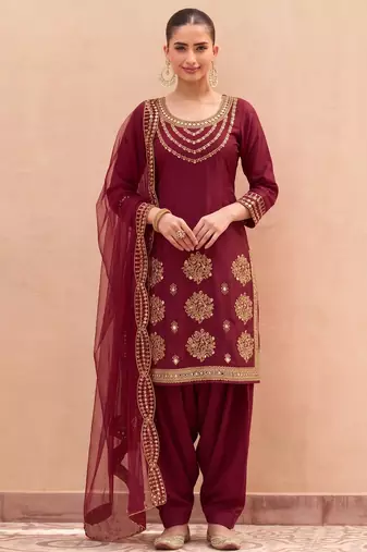 MAROON SILK BLEND PATIYALA SALWAR SUIT COLLECTION SEMI STTICHED MATERIAL