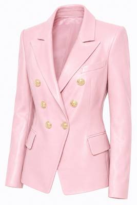 Women's pink double breasted leather blazer jacket 2