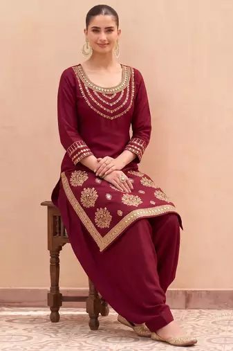 MAROON SILK BLEND PATIYALA SALWAR SUIT COLLECTION SEMI STTICHED MATERIAL