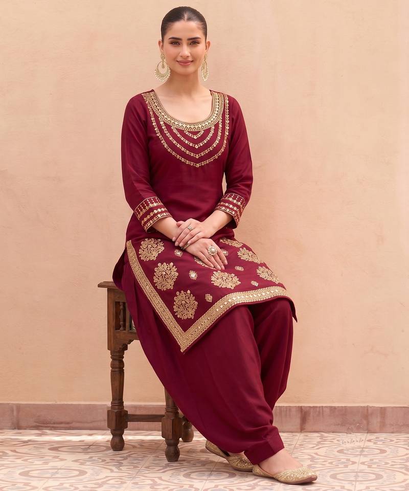 MAROON SILK BLEND PATIYALA SALWAR SUIT COLLECTION SEMI STTICHED MATERIAL