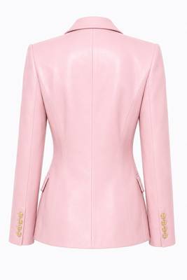 Women's pink double breasted leather blazer jacket 3