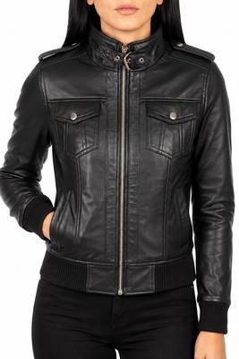 Women's black lambskin bomber biker leather jacket 1