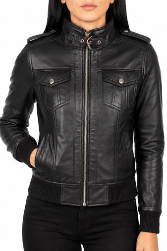Women's black lambskin bomber biker leather jacket