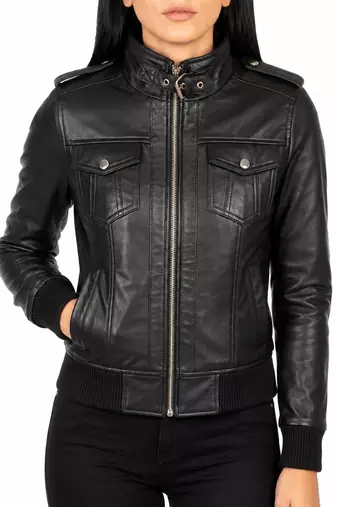 Women's black lambskin bomber biker leather jacket