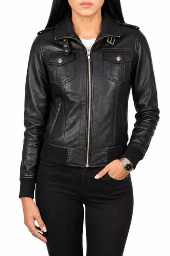 Women's black lambskin bomber biker leather jacket