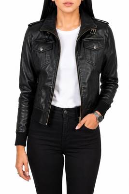 Women's black lambskin bomber biker leather jacket 3