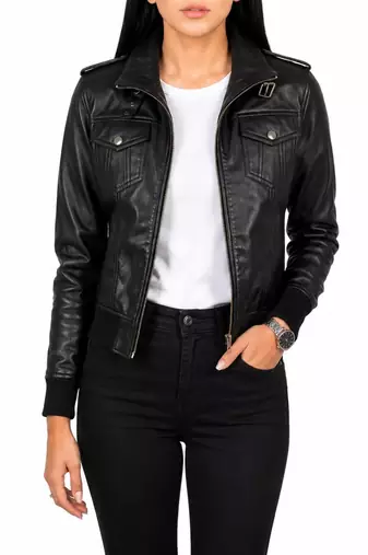Women's black lambskin bomber biker leather jacket