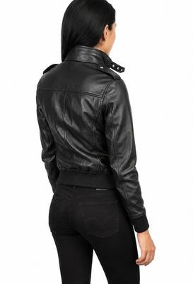 Women's black lambskin bomber biker leather jacket 4