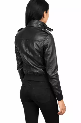 Women's black lambskin bomber biker leather jacket