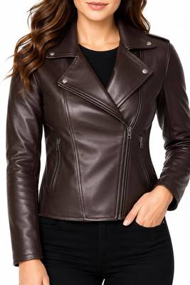 Women's dark brown moto leather jacket genuine lambskin jacket 1